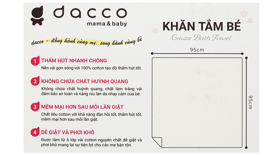 Khăn tắm Cotton Dacco cho bé (95cm x 95cm) hộp 1 cái - 10